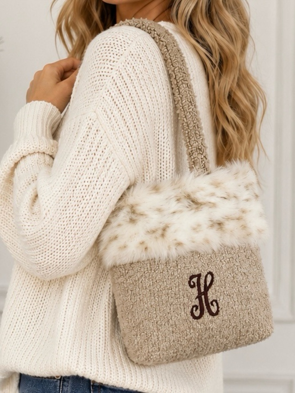 Frankly My Dear Faux Sherpa Tote Bag Monogram “H” Cream Winter Shoulder Tote